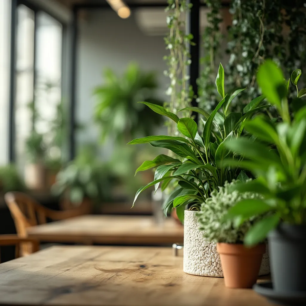 Detalle de plantas y elementos naturales en la oficina