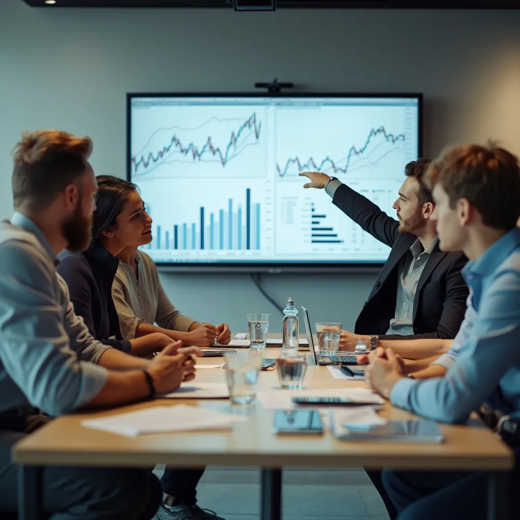 Reunión de equipo discutiendo gráficos financieros en pantalla