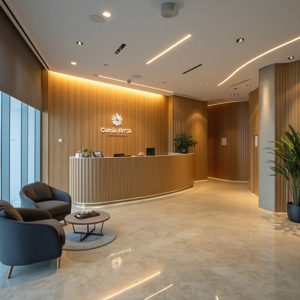 Espacio de recepción acogedor con el logo de FinanCorp