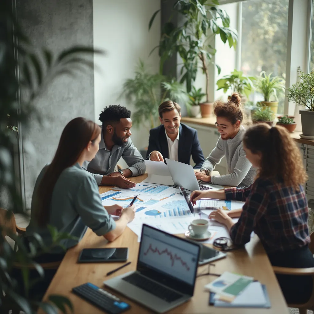 Equipo de FinanCorp en una reunión estratégica discutiendo planes financieros