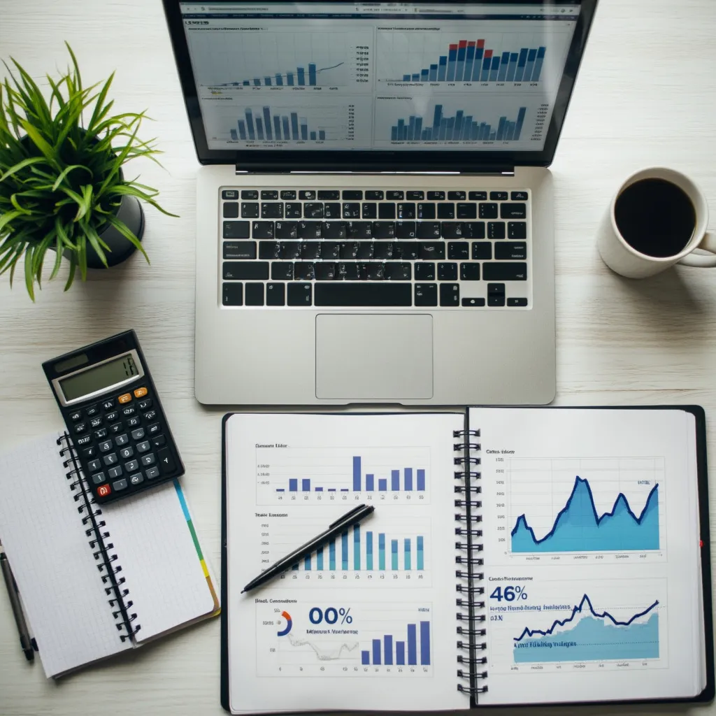 Escritorio con herramientas de planificación financiera: calculadora, gráficos, libreta