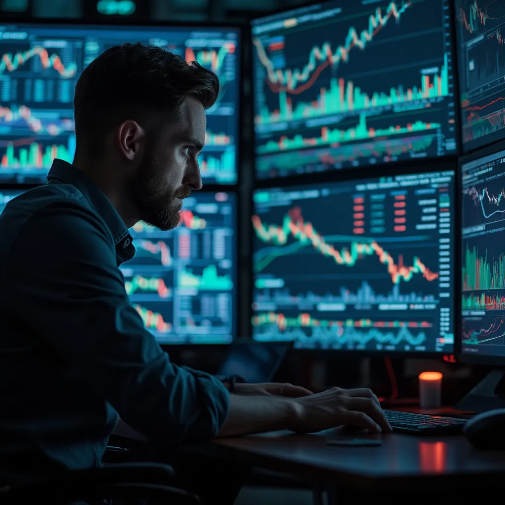 Analista financiero revisando datos en múltiples pantallas