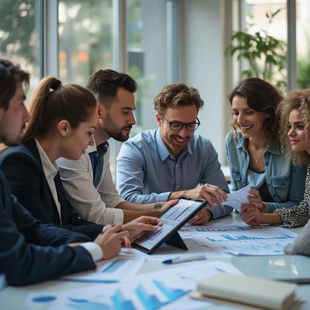 Equipo diverso colaborando en un proyecto financiero